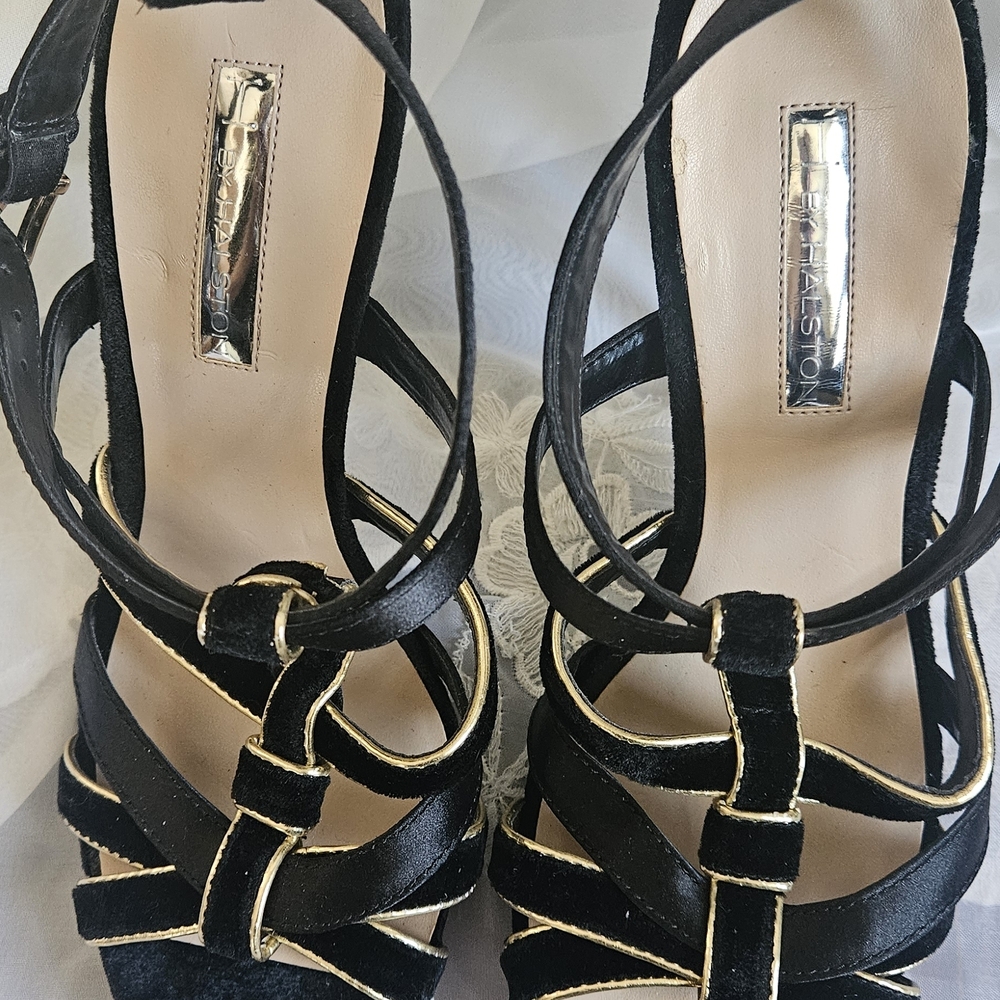 Stuart Weitzman Black Suede Strappy Heels with Gold Edge